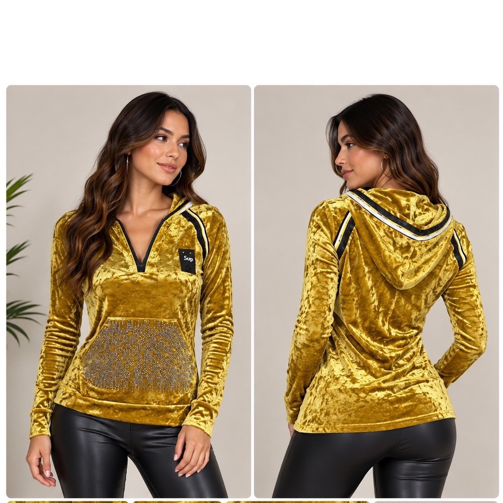 Kit Kat Mustard Yellow Crushed Velvet Rhinestone Hoodie Size M Streetwear